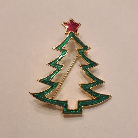 Christmas Tree Green Enamel Silhouette Brooch Pin - Picture 1 of 3
